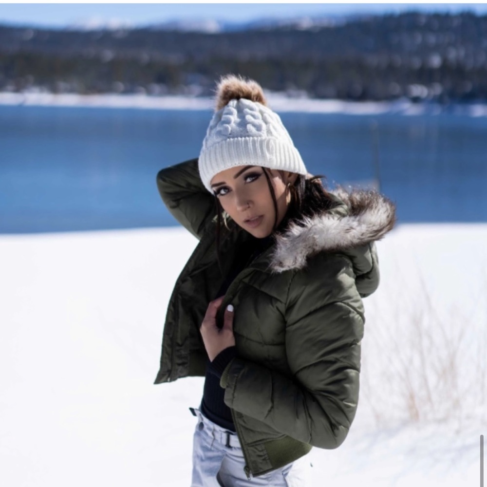 Army Green Cable Knit Pom Pom Beanie Hat - Picture 8 of 8